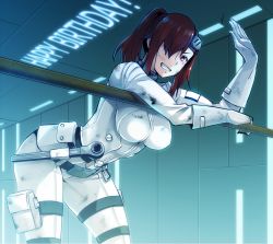 Rule 34 | 1girl, bent over, bodysuit, breasts, dirty, dirty face, gloves, grin, hair over one eye, looking at viewer, ponytail, red eyes, red hair, sasaki (sidonia no kishi), sidonia no kishi, smile, solo, teeth, tsukasa (evening-g-low), white gloves