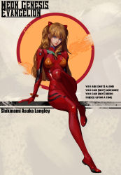 Rule 34 | 1girl, artist request, blue eyes, bodysuit, breasts, brown hair, character name, curvy, highres, lips, looking at viewer, medium breasts, neon genesis evangelion, plugsuit, rebuild of evangelion, red bodysuit, shiny clothes, sitting, skin tight, smile, solo, souryuu asuka langley, wide hips