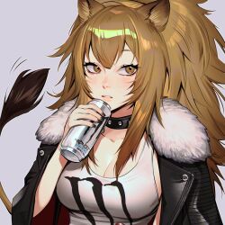 Rule 34 | 1girl, animal ears, arknights, arm at side, black collar, black jacket, black nails, breasts, brown eyes, brown hair, buttons, can, cleavage, collar, double-parted bangs, drink can, fur-trimmed collar, fur-trimmed jacket, fur trim, grey background, hand up, highres, holding, holding can, jacket, jacket on shoulders, lapels, lavelis, lion ears, lion girl, lion tail, lips, long hair, looking to the side, medium breasts, monster energy, nail polish, parted lips, ponytail, print shirt, raised eyebrows, shirt, sidelocks, siege (arknights), simple background, soda can, solo, spaghetti strap, studded collar, tail, three quarter view, unkempt, upper body, white shirt, wide ponytail