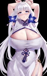Rule 34 | 1girl, :o, arms up, azur lane, black background, blush, breasts, cleavage, dress, hair ornament, highres, huge breasts, illustrious (azur lane), mole, mole under eye, open mouth, short sleeves, simple background, solo, wee (weeyy), white dress, white hair