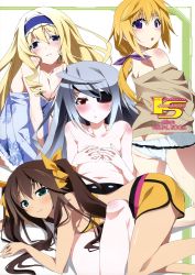Rule 34 | 10s, 4girls, :o, absurdres, bare shoulders, blonde hair, blue eyes, blush, breasts, brown hair, cecilia alcott, charlotte dunois, cleavage, covering privates, covering breasts, drill hair, eyepatch, green eyes, grey hair, hair ribbon, hairband, highres, huang lingyin, infinite stratos, laura bodewig, long hair, long legs, multiple girls, navel, official art, okiura, purple eyes, red eyes, ribbon, smile, topless, twintails