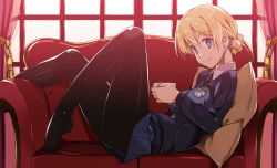 Rule 34 | 10s, 1girl, backlighting, black necktie, black pantyhose, blonde hair, blue eyes, blue skirt, blue sweater, braid, breasts, closed mouth, collared shirt, couch, cup, curtains, darjeeling (girls und panzer), emblem, eyebrows, from side, girls und panzer, hair between eyes, highres, holding, holding cup, indoors, leaning back, legs, long sleeves, looking at viewer, lying, medium breasts, miniskirt, necktie, no shoes, on back, on couch, pantyhose, pillow, pleated skirt, school uniform, shikei, shiny clothes, shirt, short hair, skirt, smile, solo, st. gloriana&#039;s (emblem), st. gloriana&#039;s school uniform, sweater, tassel, teacup, thighs, v-neck, white shirt, window
