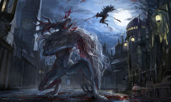 Rule 34 | 1girl, architecture, barrel, battle, blood, bloodborne, box, building, cape, church, cleric beast, cloud, dual wielding, eileen the crow, feathers, full moon, gate, gothic architecture, hat, holding, holding weapon, lamppost, maddoze, mask, monster, moon, night, night sky, plague doctor, sky, solo, weapon