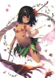 Rule 34 | 1girl, absurdres, arrow (projectile), bare legs, barefoot, black hair, blush, bow (weapon), breasts, brown eyes, closed mouth, convenient censoring, dark skin, dark-skinned female, flower, flower necklace, funia (koto channel), grass skirt, hair flower, hair ornament, highres, holding, holding arrow, holding bow (weapon), holding weapon, jewelry, koto-channel, lei, navel, necklace, no panties, senji (tegone spike), short hair, skirt, small breasts, solo, topless, weapon
