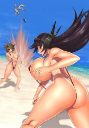 Rule 34 | 10s, 1boy, 2girls, admiral (kancolle), alternate breast size, ass, back, beach, bikini, black hair, blue bikini, breasts, brown hair, butt crack, collarbone, commentary request, day, explosion, green eyes, hat, headgear, huge breasts, kantai collection, long hair, mo-frederick, mohumohure, multiple girls, mutsu (kancolle), nagato (kancolle), navel, outdoors, red bikini, red eyes, shiny skin, short hair, sideboob, slingshot swimsuit, swimsuit