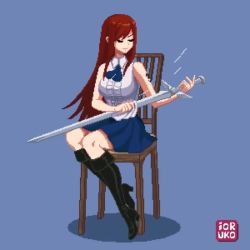 Rule 34 | 1girl, animated, black footwear, boots, breasts, brown eyes, chair, cleaning, erza scarlet, fairy tail, holding, holding sword, holding weapon, ioruko, large breasts, long hair, pixel art, polishing, red hair, sitting, skirt, sword, tagme, weapon, video, wind