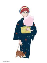 Rule 34 | 1girl, alternate costume, bag, blue hair, brown bag, closed mouth, commentary request, cotton candy, creatures (company), game freak, glasses, grey eyes, handbag, holding, japanese clothes, kimono, looking down, multicolored hair, nintendo, penny (pokemon), pokemon, pokemon sv, print kimono, red hair, round eyewear, sash, short hair, simple background, solo, tsuruba (tsu41014812), twitter username, two-tone hair, white background, yellow sash