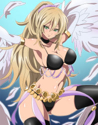Rule 34 | 1girl, armpits, bad id, bad pixiv id, bare shoulders, bikini, black bikini, black thighhighs, blonde hair, blush, breasts, cleavage, collarbone, curvy, duel monster, feathers, green eyes, halterneck, harpie dancer, harpy, hip focus, large breasts, long hair, looking at viewer, monster girl, naughty face, navel, ponytail, smile, solo, sparkle, swimsuit, thighhighs, very long hair, wide hips, winged arms, wings, yu-gi-oh!, yuuga (cherrybomb-g)