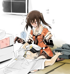 Rule 34 | 10mo, 10s, 1boy, 1girl, @ @, admiral (kancolle), blush, brown hair, drooling, elbow gloves, flustered, gloves, hat, kantai collection, lap pillow, looking down, lying on lap, lying on person, military, military uniform, open mouth, saliva, sendai (kancolle), skirt, sweatdrop, two side up, uniform, wavy mouth, yellow eyes, zzz