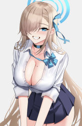 Rule 34 | 1girl, absurdres, asuna (blue archive), black choker, blue archive, blue eyes, blue ribbon, blue skirt, blush, breasts, brown hair, choker, cleavage, collared shirt, fujioni, grin, hair ornament, hair over one eye, hair ribbon, halo, highres, large breasts, long hair, long sleeves, looking at viewer, mole, mole on breast, one eye covered, ribbon, shirt, skirt, smile, solo, teeth, white shirt