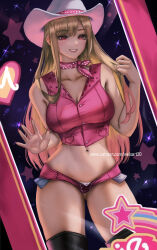 Rule 34 | 1girl, barbie (character) (cosplay), barbie (franchise), barbie (live action), blonde hair, blush, breasts, cosplay, cowboy hat, curvy, hat, kitagawa marin, large breasts, long hair, midriff, navel, red eyes, smile, solo, sono bisque doll wa koi wo suru, very long hair, wei (promise 0820)
