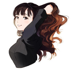 Rule 34 | 1girl, arm up, black sweater, breasts, brown eyes, brown hair, cropped torso, hair flip, long hair, long sleeves, looking at viewer, looking to the side, original, simple background, smile, solo, sweater, turtleneck, turtleneck sweater, umishima senbon, wavy hair, white background