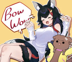 Rule 34 | 1girl, animal ear fluff, animal ears, black choker, black hair, black nails, black shorts, bone hair ornament, breasts, choker, closed eyes, dog, hair ornament, highres, hiroikara (smhong04), hololive, inugami korone (dog), jacket, large breasts, ookami mio, ookami mio (casual), open mouth, red hair, shadow, shirt, shorts, sleeves past wrists, speech bubble, tail, tail around own leg, virtual youtuber, white shirt, wolf ears, wolf girl, wolf tail, yellow background, yellow jacket