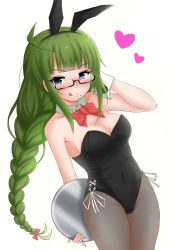 Rule 34 | 1girl, ahoge, animal ears, black leotard, blue eyes, bow, bowtie, braid, cowboy shot, detached collar, fake animal ears, frozenpile, glasses, green hair, kantai collection, leotard, long hair, looking at viewer, mole, mole under mouth, pantyhose, playboy bunny, rabbit ears, rabbit tail, red bow, red bowtie, simple background, single braid, solo, strapless, strapless leotard, tail, tongue, tongue out, tray, very long hair, white background, wrist cuffs, yuugumo (kancolle)