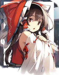Rule 34 | 1girl, asakura maru, bare shoulders, bow, brown eyes, brown hair, detached sleeves, hair between eyes, hair bow, hair tubes, hakurei reimu, highres, japanese clothes, long hair, nontraditional miko, open mouth, red bow, ribbon-trimmed sleeves, ribbon trim, sidelocks, solo, touhou, upper body, white sleeves, wide sleeves