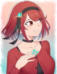Rule 34 | 1girl, black shirt, breasts, choker, collarbone, commentary, edmonmondo, english commentary, gem, hairband, highres, looking to the side, medium breasts, pyra (xenoblade), red eyes, red hair, red shirt, shirt, solo, xenoblade chronicles (series), xenoblade chronicles 2