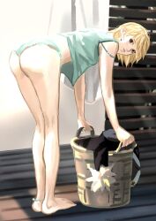 Rule 34 | 1other, androgynous, anklet, basket, bent over, black coat, blonde hair, chinyu11988612, coat, crystal earrings, earrings, full body, fur-trimmed coat, fur trim, highres, hunter x hunter, jewelry, kurapika, laundry, laundry basket, legband, looking at viewer, short hair, sleeveless, solo