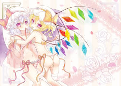 Rule 34 | 2girls, 515m, :p, ass, babydoll, bat wings, blonde hair, blush, bra, breasts, cameltoe, flandre scarlet, looking at viewer, multiple girls, navel, panties, pointy ears, red eyes, remilia scarlet, ribbon, short hair, siblings, side ponytail, sisters, small breasts, thighhighs, tongue, tongue out, touhou, underwear, underwear only, white legwear, wings, wrist cuffs, yuri