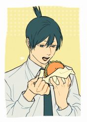 Rule 34 | black hair, black necktie, border, burger, chainsaw man, collared shirt, ear piercing, eating, food, hayakawa aki, holding, holding food, imminent bite, looking at food, necktie, ohisama33ohayo3, open mouth, piercing, shirt, short hair, solo, topknot, white border, white shirt, yellow background