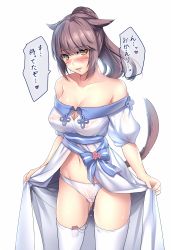 Rule 34 | 10s, 1girl, animal ears, aruma jiki, blush, breasts, brown hair, cleavage, covered erect nipples, final fantasy, final fantasy xiv, heart, heart-shaped pupils, large breasts, long hair, looking at viewer, miqo&#039;te, panties, ponytail, pussy juice, sex toy, solo, sweat, symbol-shaped pupils, tail, tears, thighhighs, translated, underwear, vibrator, vibrator in thighhighs, vibrator under clothes, vibrator under panties, white hair, white panties, yellow eyes