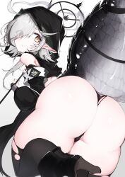 Rule 34 | 1girl, absurdres, arknights, ass, black hood, crocodilian tail, grey hair, high heels, highres, holding, holding staff, hood, huge ass, long hair, looking at viewer, pointy ears, staff, tail, thick thighs, thighhighs, thighs, tomimi (arknights), torn clothes, torn thighhighs, white background, yellow eyes, yonagi white