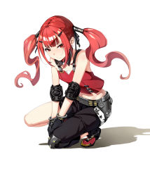 Rule 34 | 1girl, absurdres, ankle boots, armpits, artist request, asymmetrical clothes, bare shoulders, belt, between legs, black gloves, blush, boots, breasts, brown pants, buckle, closed mouth, collar, collarbone, cuffed, cuffs, cz75 (girls&#039; frontline), elbow pads, fingerless gloves, full body, girls&#039; frontline, gloves, hair ornament, hairclip, hand between legs, handcuffs, highres, knee pads, kneeling, long hair, looking at viewer, on one knee, pants, red eyes, red hair, red tank top, ribbon, short hair, shorts, simple background, single knee pad, sleeveless, small breasts, solo, strap, tank top, twintails, very long hair, white background