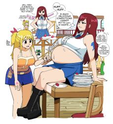 Rule 34 | 2girls, burp, cake, digestion, erza scarlet, fairy tail, food, fruit, full stomach, highres, lucy heartfilia, multiple girls, navel, noodlemage, stomach bulge, strawberry