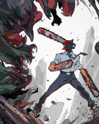 Rule 34 | 1boy, belt, blood, blood on clothes, bloody weapon, chainsaw, chainsaw man, collared shirt, debris, denji (chainsaw man), facing to the side, fighting, grey sky, highres, kizerilla, necktie, rubble, sharp teeth, shirt, shirt tucked in, sky, smoke, standing, teeth, weapon, white shirt