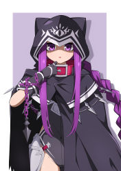 Rule 34 | 1girl, absurdres, arm up, armor, black cape, black capelet, black gloves, black leotard, braid, breastplate, cape, capelet, chain, collar, fate/grand order, fate (series), gloves, highres, hood, leotard, long braid, long hair, medusa (fate), medusa (lancer) (fate), medusa (rider) (fate), ponytail, purple background, purple eyes, purple hair, rider, simple background, single braid, solo, standing, very long hair