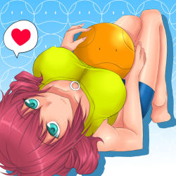 Rule 34 | 00s, 1girl, aqua eyes, ball, bare arms, bare legs, bare shoulders, barefoot, bike shorts, blue eyes, blue shorts, blush, breasts, breasts apart, cleavage, closed mouth, covered erect nipples, creature, drill hair, feldt grace, fingernails, from below, gundam, gundam 00, haro, heart, knees up, large breasts, long fingernails, long hair, looking at viewer, looking back, nail polish, pink hair, pink nails, red hair, rokuichi, short hair, shorts, sleeveless, smile, soles, solid oval eyes, solo, speech bubble, spoken heart, tank top, twin drills