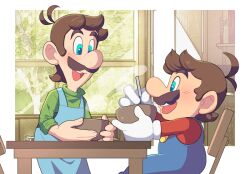 Rule 34 | 2boys, :d, antenna hair, apron, blue apron, blue eyes, blue pants, blush, book, bookshelf, bowl, brothers, brown hair, buttons, chair, facial hair, feet out of frame, gloves, green shirt, holding, holding bowl, hoshikuzu pan, indoors, long sleeves, looking at another, luigi, male focus, mario, mario (series), multiple boys, mustache, nintendo, no headwear, on chair, open mouth, overalls, pants, profile, red shirt, shirt, short hair, siblings, sitting, smile, standing, steam, super mario bros. 1, table, teeth, turtleneck, upper teeth only, white gloves, window