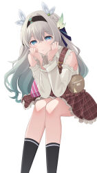 Rule 34 | 1girl, absurdres, bag, bare shoulders, black hairband, black socks, blue eyes, blue hair, blue pupils, blush, bow, closed mouth, clothing cutout, collared shirt, crossed bangs, feet out of frame, firefly (honkai: star rail), gradient hair, green bow, grey hair, hair between eyes, hair bow, hair intakes, hairband, handbag, hands on own cheeks, hands on own face, head rest, highres, honkai: star rail, honkai (series), invisible chair, kkachi0909, kneehighs, knees together feet apart, leaning forward, long hair, long sleeves, looking at viewer, multicolored hair, petticoat, pink eyes, plaid, plaid skirt, red skirt, shirt, shoulder cutout, sidelocks, simple background, sitting, skirt, smile, socks, solo, suspender skirt, suspenders, two-tone eyes, white background, white bow, white shirt