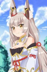 Rule 34 | 1girl, absurdres, animal ear fluff, animal ears, bare shoulders, bell, blue sky, blurry, blurry background, blush, breasts, brown eyes, cleavage, closed mouth, cloud, commentary request, day, depth of field, detached sleeves, facial mark, grey hair, highres, jingle bell, long hair, low twintails, medium breasts, nia (blade) (xenoblade), nia (xenoblade), outdoors, sky, smile, solo, tokuh (toku h ), twintails, upper body, very long hair, white sleeves, xenoblade chronicles (series), xenoblade chronicles 2