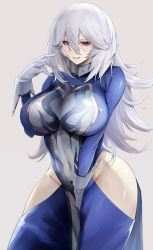 Rule 34 | 1girl, absurdres, breasts, duel monster, gloves, groin, hair between eyes, highres, hip vent, kataku musou, large breasts, leotard, long hair, looking at viewer, pelvic curtain, purple eyes, red eyes, silent magician, solo, thick thighs, thighs, white gloves, white hair, yu-gi-oh!