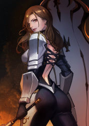 Rule 34 | 1girl, armor, ass, bodysuit, breasts, brown eyes, brown hair, from behind, gloves, kisara (tales), large breasts, long hair, pants, shield, shiny clothes, sideboob, simple background, smile, solo, sword, tales of (series), tales of arise, weapon, zoma (artist)