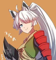 Rule 34 | 1girl, ahoge, alternate costume, alternate hairstyle, animal ear fluff, animal ears, armor, arpeggio kaga, artist name, blue eyes, breasts, character name, closed mouth, commentary, cosplay, crayon shin-chan, earrings, fox ears, fox tail, hair over one eye, highres, hololive, japanese armor, jewelry, kasuga fubukimaru, kasuga fubukimaru (cosplay), long hair, looking at viewer, medium breasts, orange background, parody, parted bangs, ponytail, shirakami fubuki, shoulder armor, signature, silver hair, simple background, smile, solo, star (symbol), tail, upper body, virtual youtuber