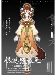 Rule 34 | 1girl, animal ears, arms at sides, bracelet, braid, brown hair, chinese clothes, chinese text, commentary request, cone hair bun, dress, english text, flower, full body, gradient background, green eyes, grey background, hair bun, hair flower, hair ornament, highres, jewelry, long sleeves, looking at viewer, mixed-language text, multicolored hair, necklace, original, rabbit hairstyle, raccoon ears, raccoon girl, raccoon tail, red footwear, red hair, ribbon, shoes, smile, socks, solo, standing, straight-on, tail, tassel, translation request, white hair, white socks, yizhan fachu gugusheng dedeng
