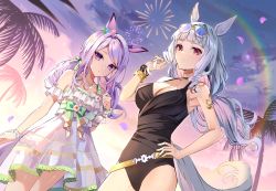 Rule 34 | 2girls, absurdres, aerial fireworks, animal ears, black one-piece swimsuit, blush, bow, bracelet, breasts, cleavage, dress, dutch angle, eyewear on head, fireworks, floating hair, frilled dress, frills, gold ship (run revolt launcher) (umamusume), gold ship (umamusume), goroo (eneosu), green bow, grey hair, hair bow, hand on own hip, highres, horse ears, horse girl, horse tail, jewelry, long hair, looking at viewer, medium breasts, mejiro mcqueen (ripple fairlady) (umamusume), mejiro mcqueen (umamusume), multiple girls, one-piece swimsuit, outdoors, palm tree, purple eyes, purple hair, red eyes, sky, sunglasses, swept bangs, swimsuit, tail, tree, twintails, umamusume, white dress