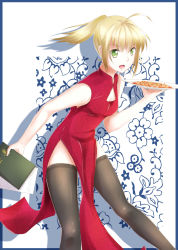 Rule 34 | 1girl, ahoge, artoria pendragon (all), artoria pendragon (fate), black thighhighs, breasts, china dress, chinese clothes, cleavage, dress, fate/stay night, fate (series), food, food request, green eyes, lulu (3886773), menu, ponytail, saber (fate), small breasts, solo, thighhighs, thighs, white background