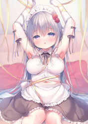Rule 34 | 1girl, apron, armpits, arms up, bare shoulders, black gloves, black skirt, breasts, commentary request, couch, elbow gloves, flower, frilled apron, frilled skirt, frilled socks, frills, gloves, grey hair, hair between eyes, hair flower, hair ornament, highres, long hair, looking at viewer, maid, maid headdress, medium breasts, moe2023, navel, on couch, original, pillow, purple eyes, red flower, red rose, ribbon, rose, shirt, skirt, sleeveless, sleeveless shirt, socks, solo, tears, usashiro mani, very long hair, waist apron, white apron, white gloves, white shirt, white socks, yellow ribbon