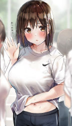Rule 34 | 1girl, black shorts, blush, breasts, brown eyes, brown hair, commentary request, gym uniform, hair ornament, hairclip, hand up, highres, large breasts, looking at viewer, mole, mole on collarbone, nike (company), original, rouka (akatyann), short sleeves, shorts, solo focus, sweat, translation request