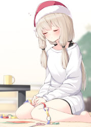 Rule 34 | 1girl, :o, barefoot, blurry, blurry background, blush, brown hair, christmas, christmas tree, closed eyes, collarbone, commentary request, cup, depth of field, fur-trimmed headwear, fur trim, hat, highres, indoors, long hair, long sleeves, low twintails, mug, ominaeshi (takenoko), original, parted lips, red hat, santa hat, shirt, sidelocks, sitting, sleeping, sleeping upright, solo, table, twintails, very long hair, wariza, white shirt