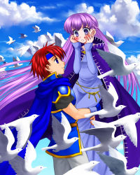 Rule 34 | 1boy, 1girl, 74, belly chain, bird, blue dress, blue eyes, blush, cape, carrying, cloak, cloud, cloudy sky, day, dress, embarrassed, eye contact, fire emblem, fire emblem: the binding blade, gloves, hands on own face, headband, hetero, jewelry, long hair, long sleeves, looking at another, nintendo, open mouth, purple eyes, purple hair, red hair, roy (fire emblem), sky, smile, sophia (fire emblem), surprised, very long hair