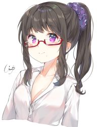 1girl bad_id bad_pixiv_id blush breasts cleavage closed_mouth collarbone collared_shirt cropped_torso dress_shirt glasses hair_ornament hair_scrunchie long_hair looking_at_viewer medium_breasts mole mole_under_mouth original ponytail purple_eyes red-framed_eyewear scrunchie semi-rimless_eyewear shirt sidelocks signature simple_background smile solo under-rim_eyewear urim_(paintur) white_background white_shirt