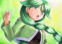 Rule 34 | 1girl, :o, braid, breasts, brown shirt, cheryl (pokemon), commentary request, creatures (company), game freak, green background, green eyes, green hair, green jacket, hair over shoulder, hands up, highres, jacket, long hair, long sleeves, nintendo, oka mochi, open mouth, pokemon, pokemon dppt, ribbed shirt, shirt, single braid, solo, tongue, traditional media, upper body
