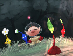 Rule 34 | 1boy, bad tag, big nose, black eyes, blue pikmin, blue skin, brown hair, bud, closed eyes, colored skin, commentary request, flower, forest, gloves, grass, hand on another&#039;s hand, helmet, leaf, nature, nintendo, no mouth, olimar, open mouth, outdoors, pikmin (creature), pikmin (series), pointy ears, pointy nose, radio antenna, red gloves, red light, red pikmin, red skin, short hair, space helmet, spacesuit, sprout, sunlight, triangle mouth, twitter username, usuba (hatomugip), very short hair, white flower, yellow pikmin, yellow skin