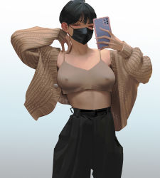 Rule 34 | 1girl, absurdres, baggy pants, black hair, breasts, cardigan, cellphone, covered erect nipples, fingernails, highres, holding, holding phone, large breasts, long fingernails, mask, mouth mask, pants, phone, photo-referenced, selfie, short hair, smartphone, taking picture, wonbin lee