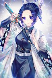 Rule 34 | 1girl, absurdres, animal print, belt, black hair, black jacket, black pants, butterfly hair ornament, butterfly print, commentary request, cowboy shot, hair ornament, haori, highres, holding, holding sword, holding weapon, jacket, japanese clothes, katana, kimetsu no yaiba, kochou shinobu, long sleeves, looking at viewer, mayoko na kuroneko, open mouth, pants, parted bangs, partial commentary, purple eyes, short hair, smile, solo, standing, sword, uniform, weapon, white belt
