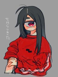 Rule 34 | 1girl, black hair, closed mouth, cyclops, grey background, highres, long hair, long sleeves, looking at viewer, muku-chan (muroku), muroku (aimichiyo0526), one-eyed, original, parted bangs, red eyes, red sweater, simple background, sketch, sleeves pushed up, solo, sweater, translation request, upper body, x x