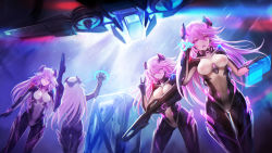 Rule 34 | 300 heroes, 5girls, ;p, absurdres, aircraft, bad id, bad pixiv id, bodysuit, breasts, closed mouth, gun, highres, holographic interface, long hair, looking at viewer, medium breasts, multiple girls, night, one eye closed, open mouth, pink eyes, pink hair, smile, standing, tongue, tongue out, v, vtol, weapon, zhuore zhi hen